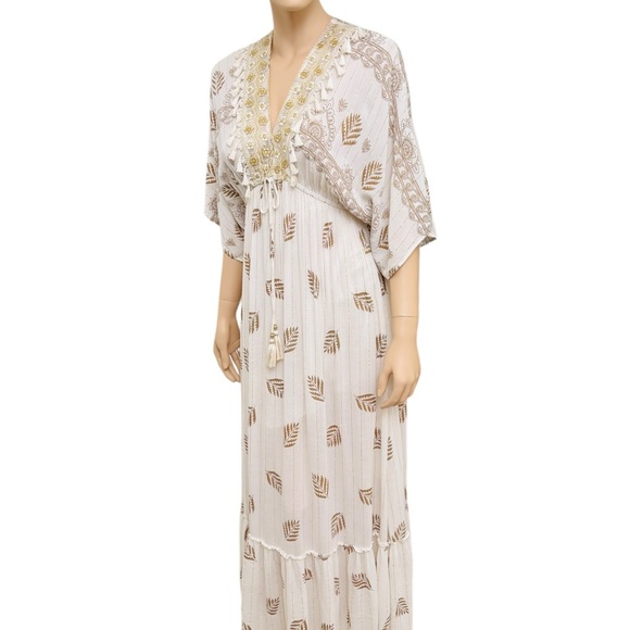 Zuri Embroidered Boho Maxi Dress Gold Embroidered Tassel V-Neck Free Size - Picture 6 of 9